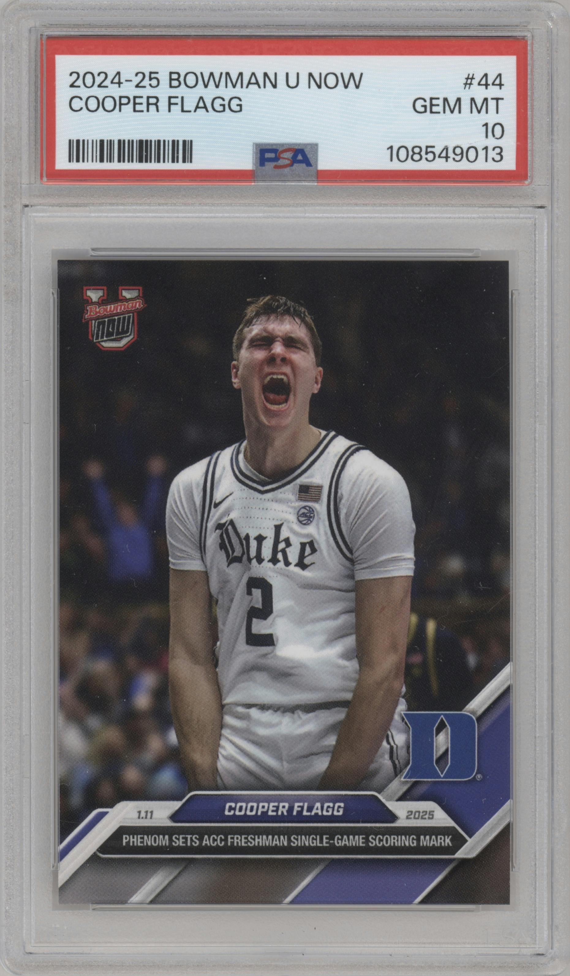 Cooper Flagg from the 2024-25 Bowman U Now set graded by PSA and given an overall grade of 10.
