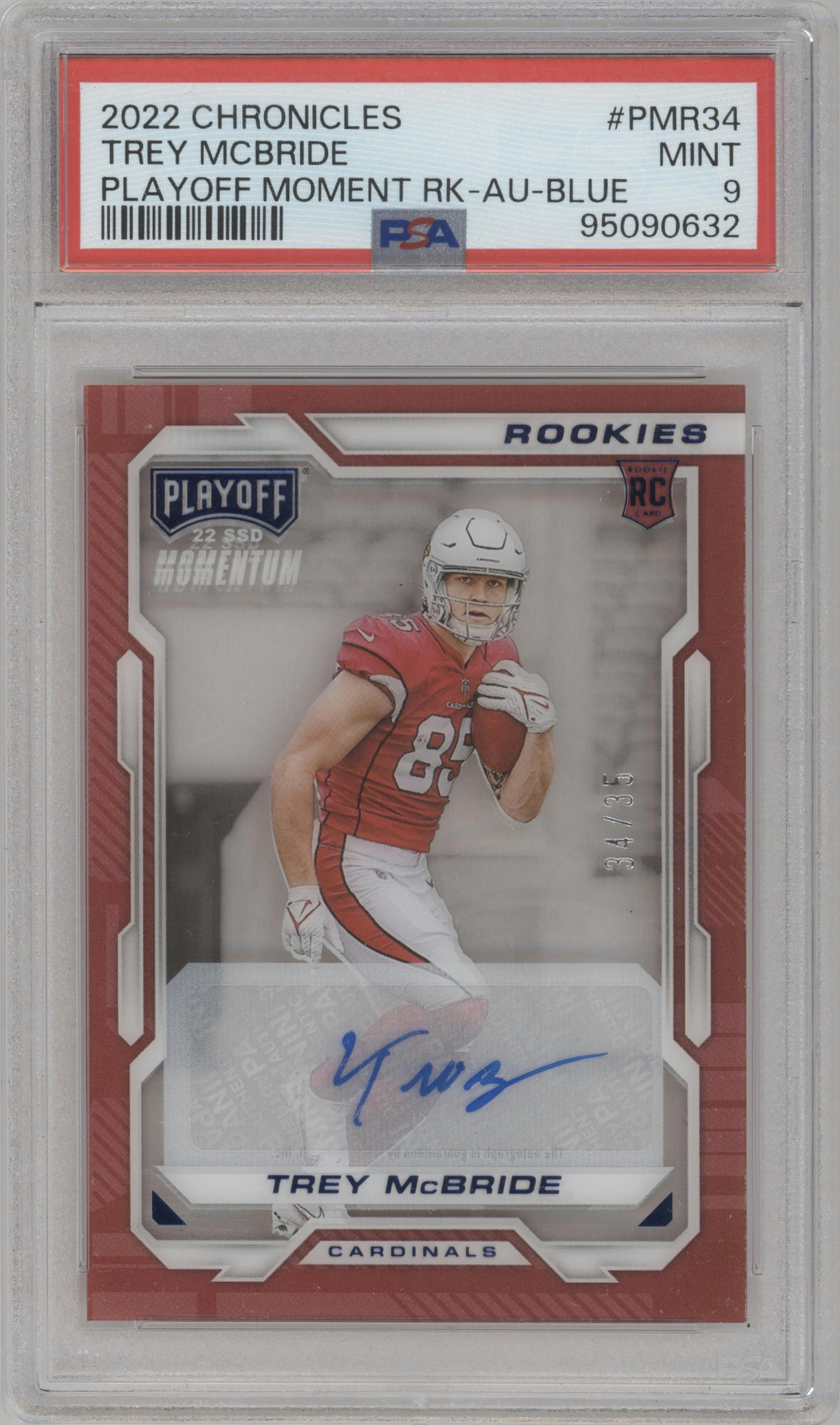 Trey McBride from the 2022 Panini Chronicles set featuring a Blue parallel graded by PSA and given an overall grade of 9.