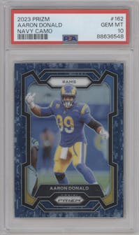 Aaron Donald from the 2023 Panini Prizm set featuring a Navy Camo parallel graded by PSA and given an overall grade of 10.