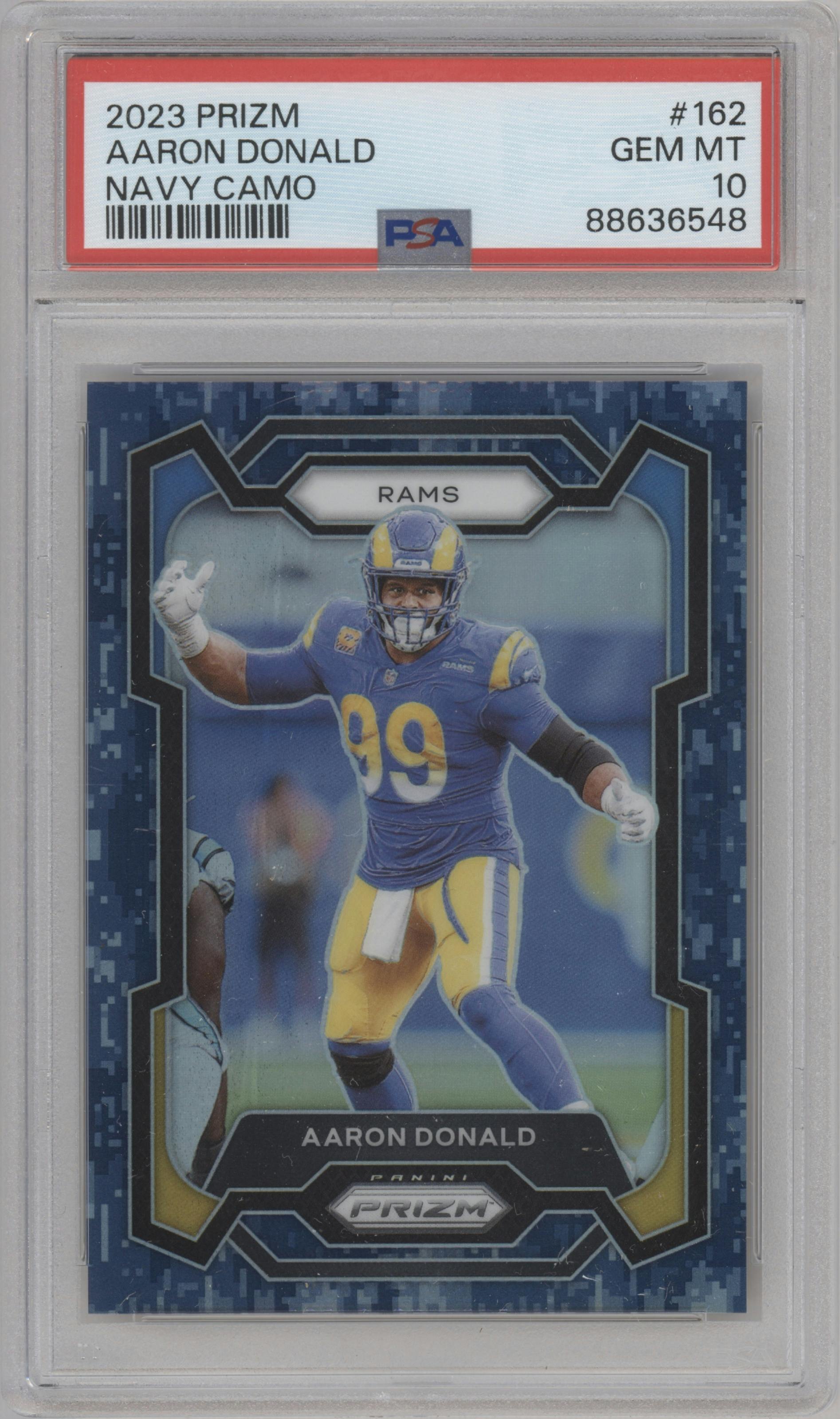 Aaron Donald from the 2023 Panini Prizm set featuring a Navy Camo parallel graded by PSA and given an overall grade of 10.