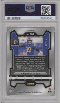 Aaron Donald from the 2023 Panini Prizm set featuring a Navy Camo parallel graded by PSA and given an overall grade of 10.