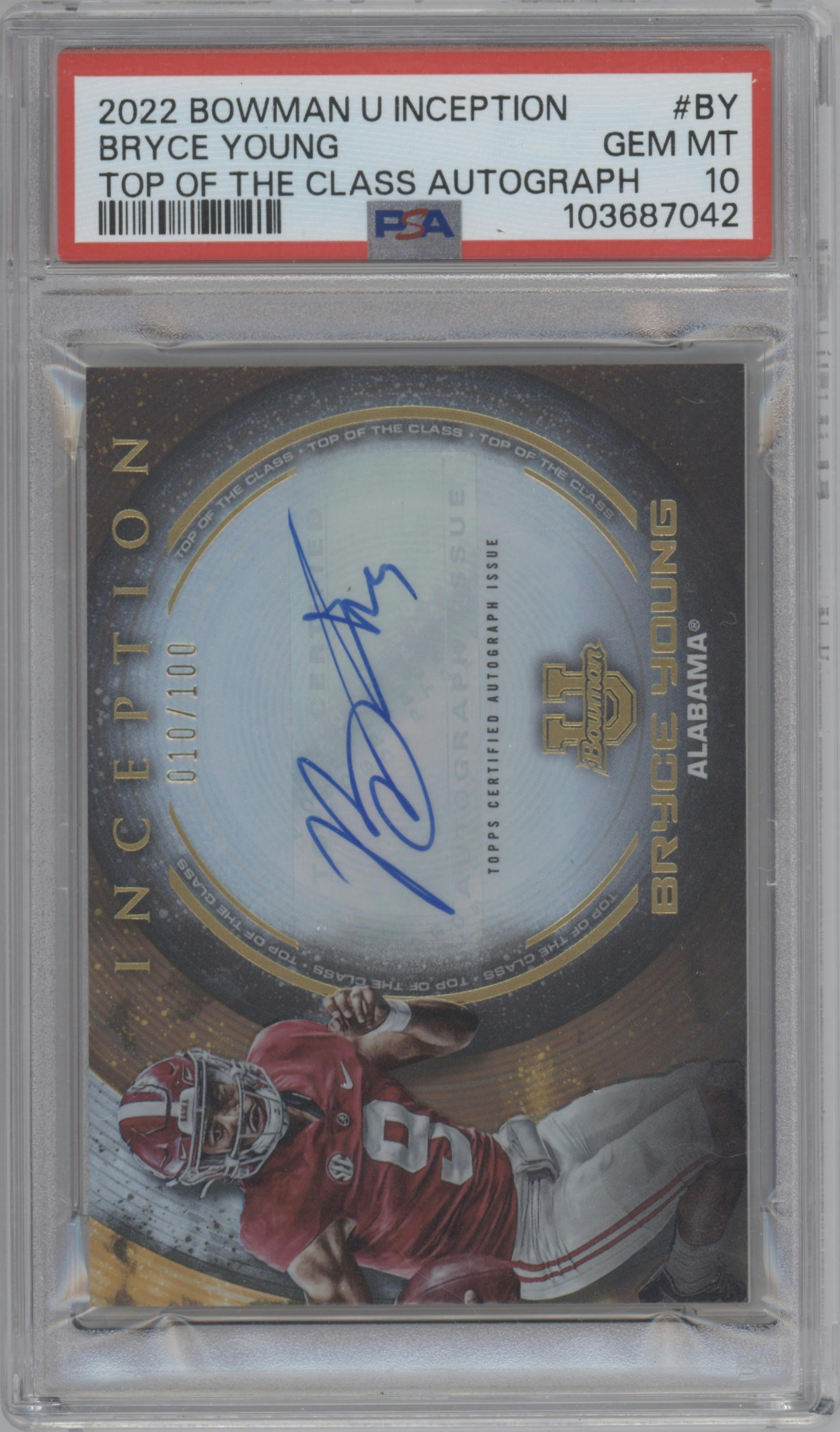 Bryce Young from the 2022-23 Bowman University Inception set graded by PSA and given an overall grade of 10.