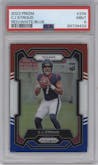 C.J. Stroud from the 2023 Panini Prizm set featuring a Red White Blue Prizm parallel graded by PSA and given an overall grade of 9.