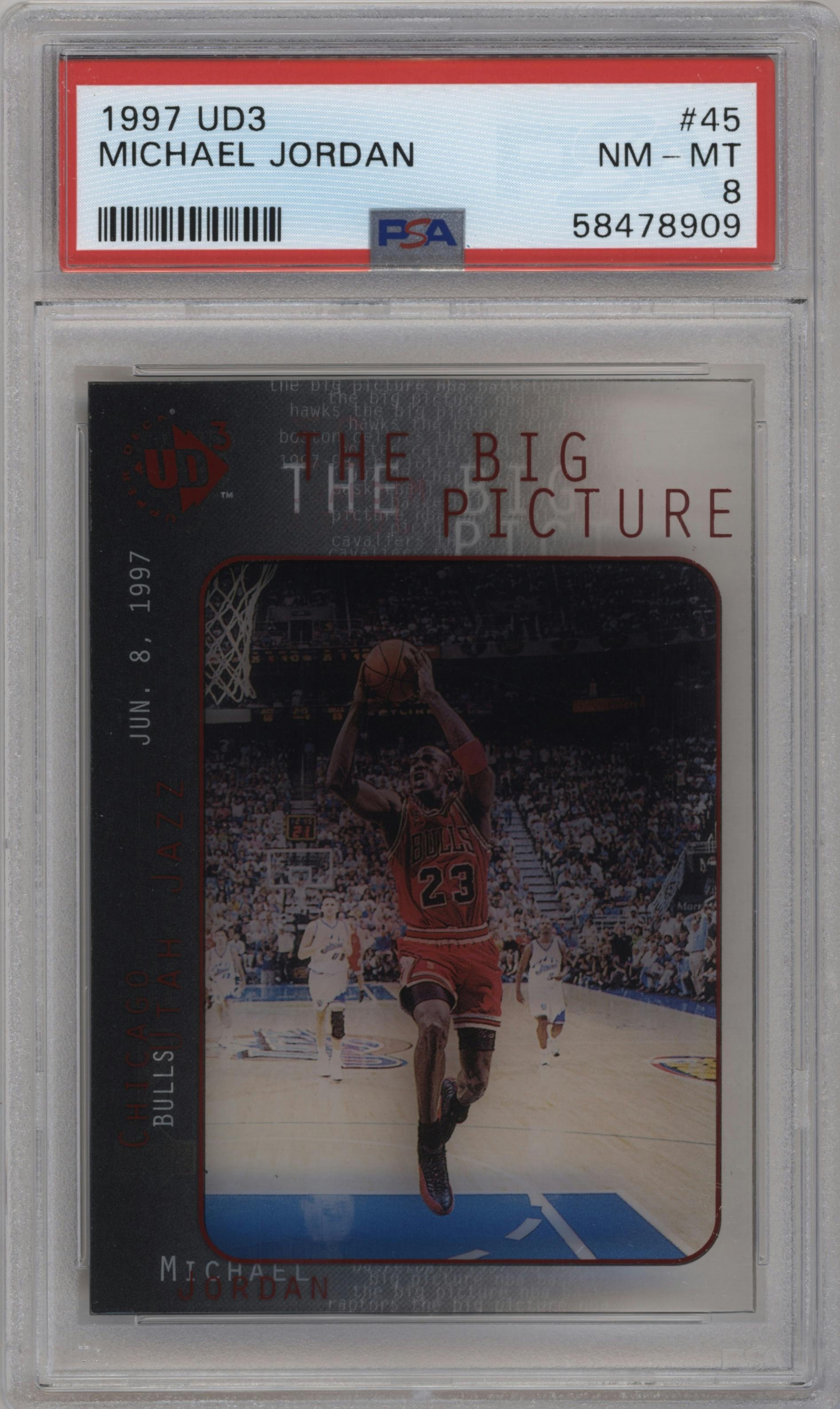 Michael Jordan from the 1997-98 Upper Deck UD3 set graded by PSA and given an overall grade of 8.