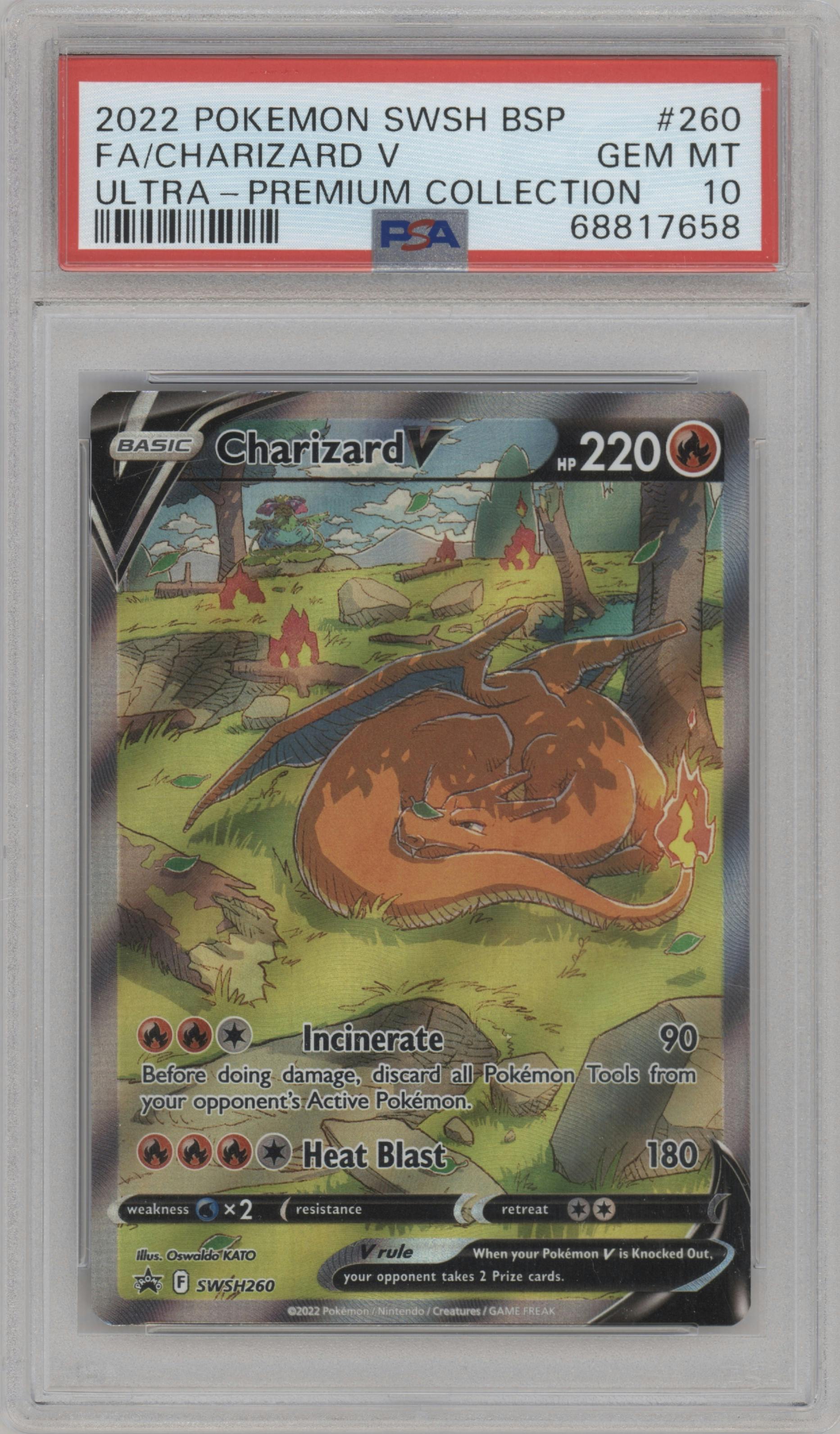 Charizard V from the 2022 Pokemon SWSH set featuring a Ultra Premium Collection parallel graded by PSA and given an overall grade of 10.
