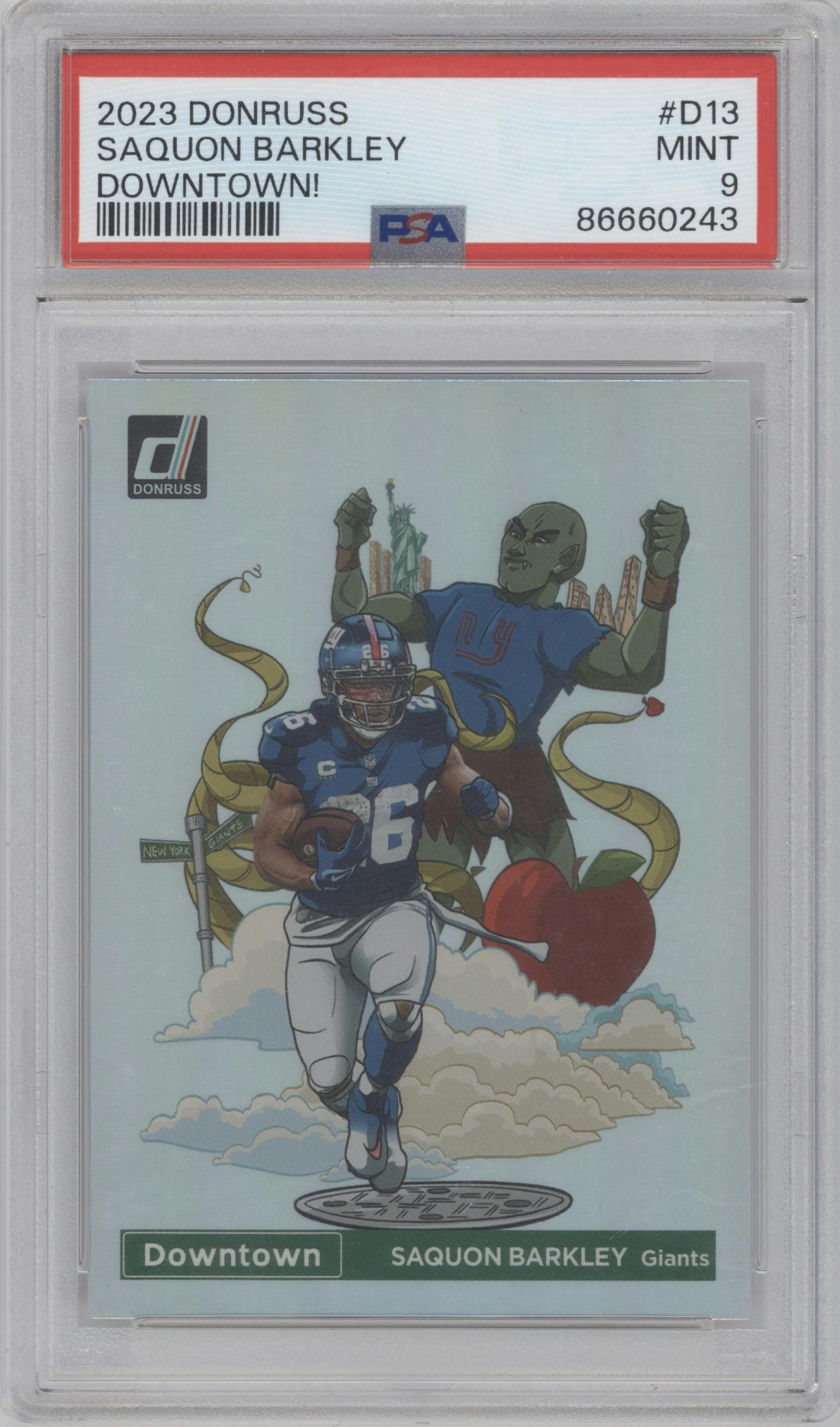 Saquon Barkley from the 2023 Panini Donruss set graded by PSA and given an overall grade of 9.