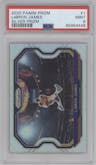 LeBron James from the 2020-21 Panini Prizm set featuring a Silver Prizm parallel graded by PSA and given an overall grade of 9.