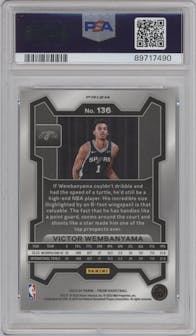 Victor Wembanyama from the 2023-24 Panini Prizm set featuring a Silver Prizm  parallel graded by PSA and given an overall grade of 10.