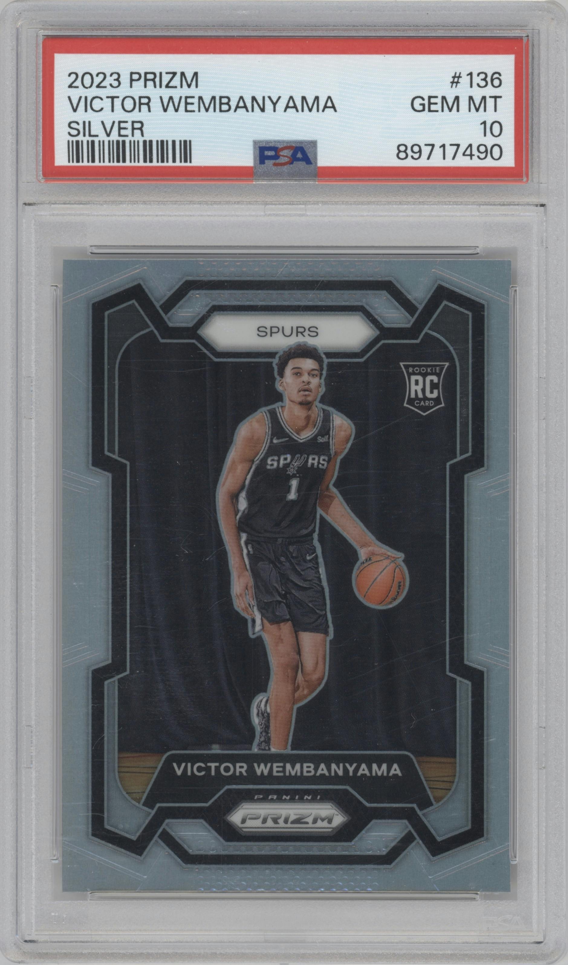 Victor Wembanyama from the 2023-24 Panini Prizm set featuring a Silver Prizm  parallel graded by PSA and given an overall grade of 10.