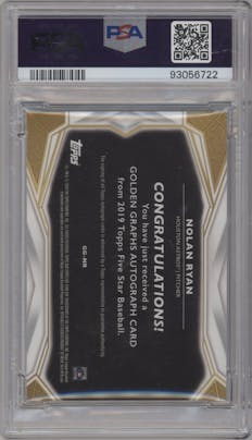 Nolan Ryan from the 2019 Topps Five Star set featuring a Gold parallel graded by PSA and given an overall grade of 9.