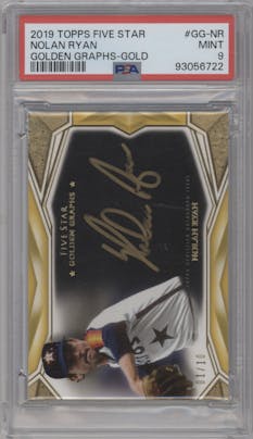Nolan Ryan from the 2019 Topps Five Star set featuring a Gold parallel graded by PSA and given an overall grade of 9.