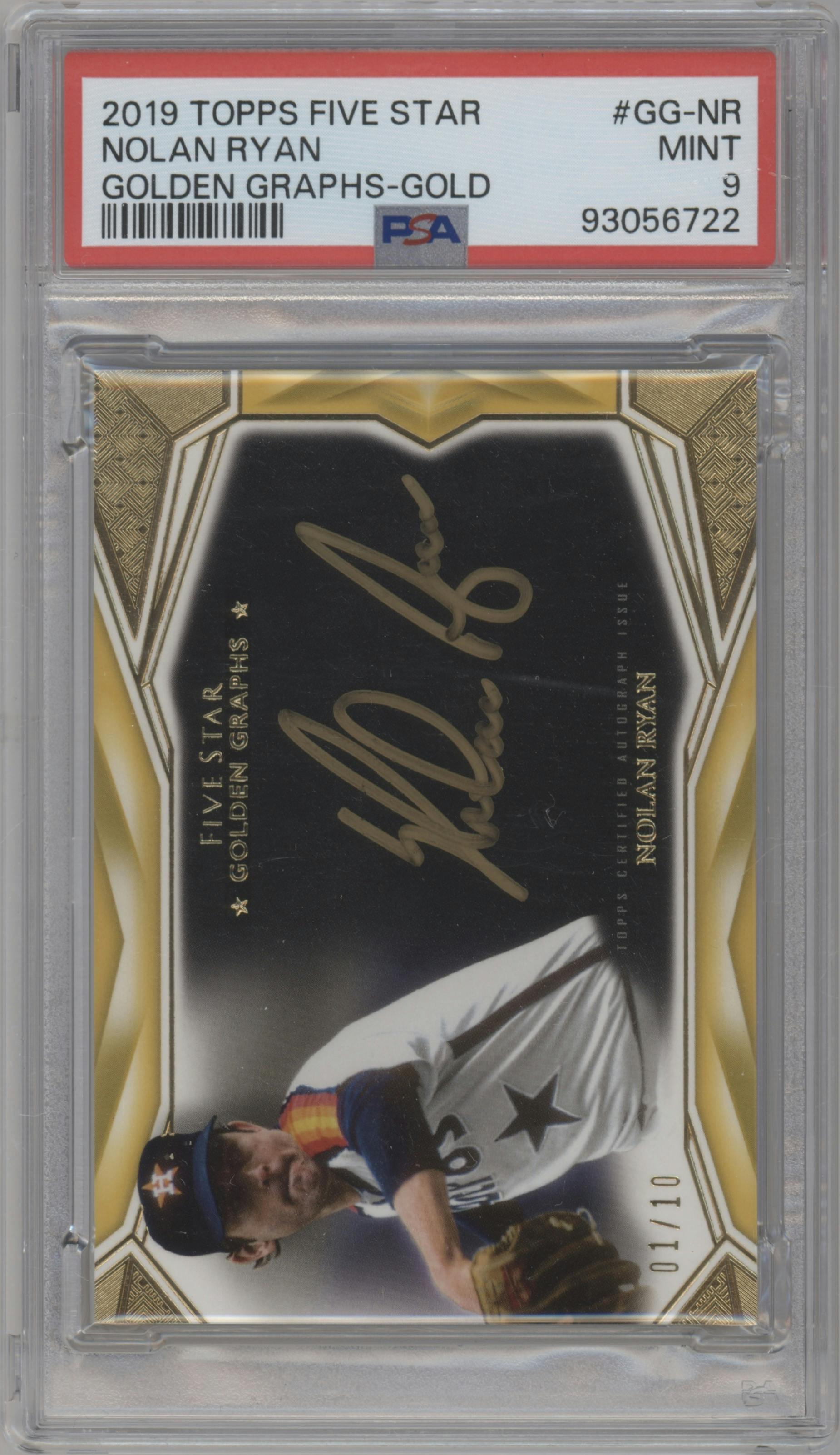 Nolan Ryan from the 2019 Topps Five Star set featuring a Gold parallel graded by PSA and given an overall grade of 9.