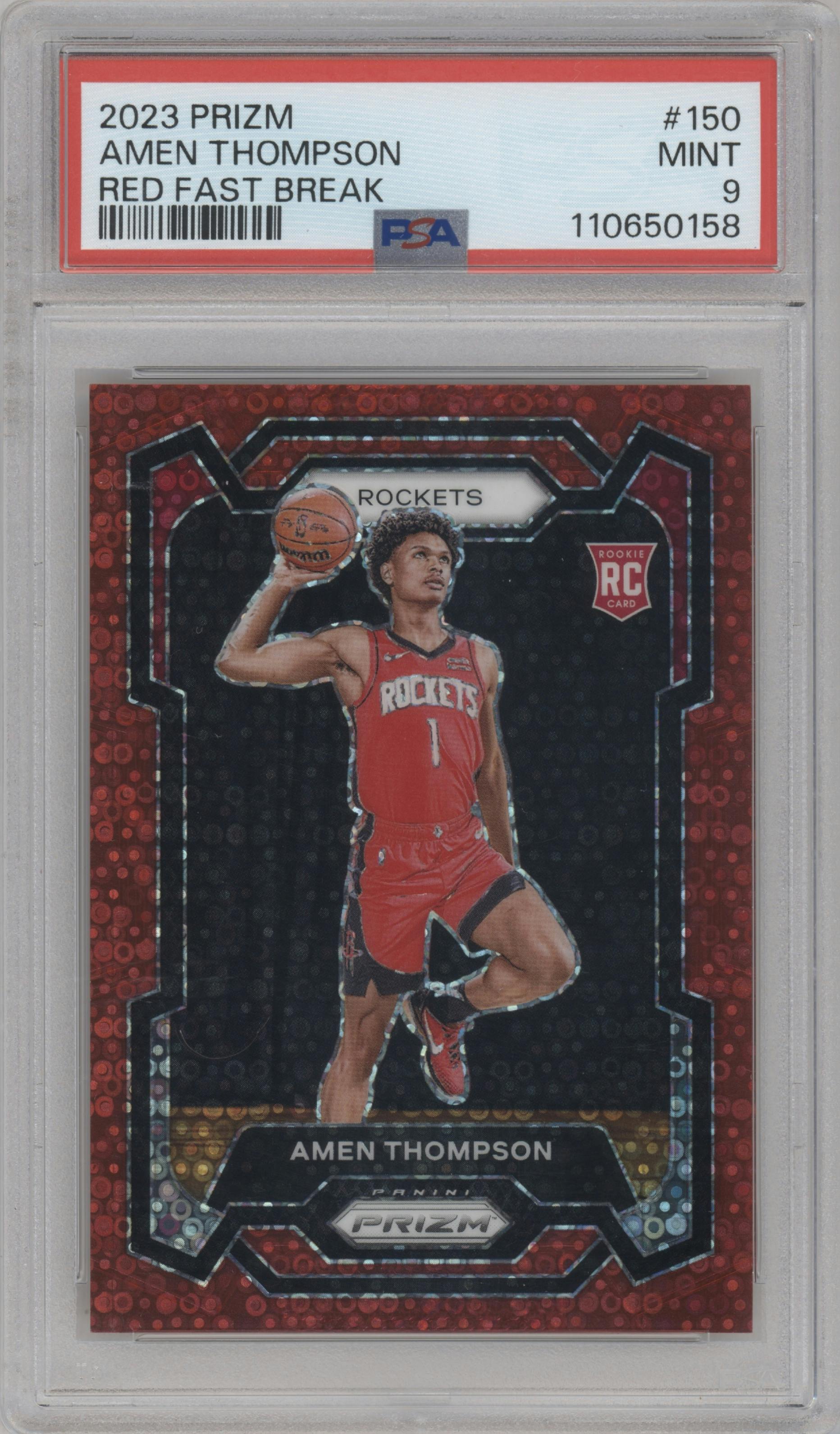 Amen Thompson from the 2023-24 Panini Prizm set featuring a Fast Break Red parallel graded by PSA and given an overall grade of 9.