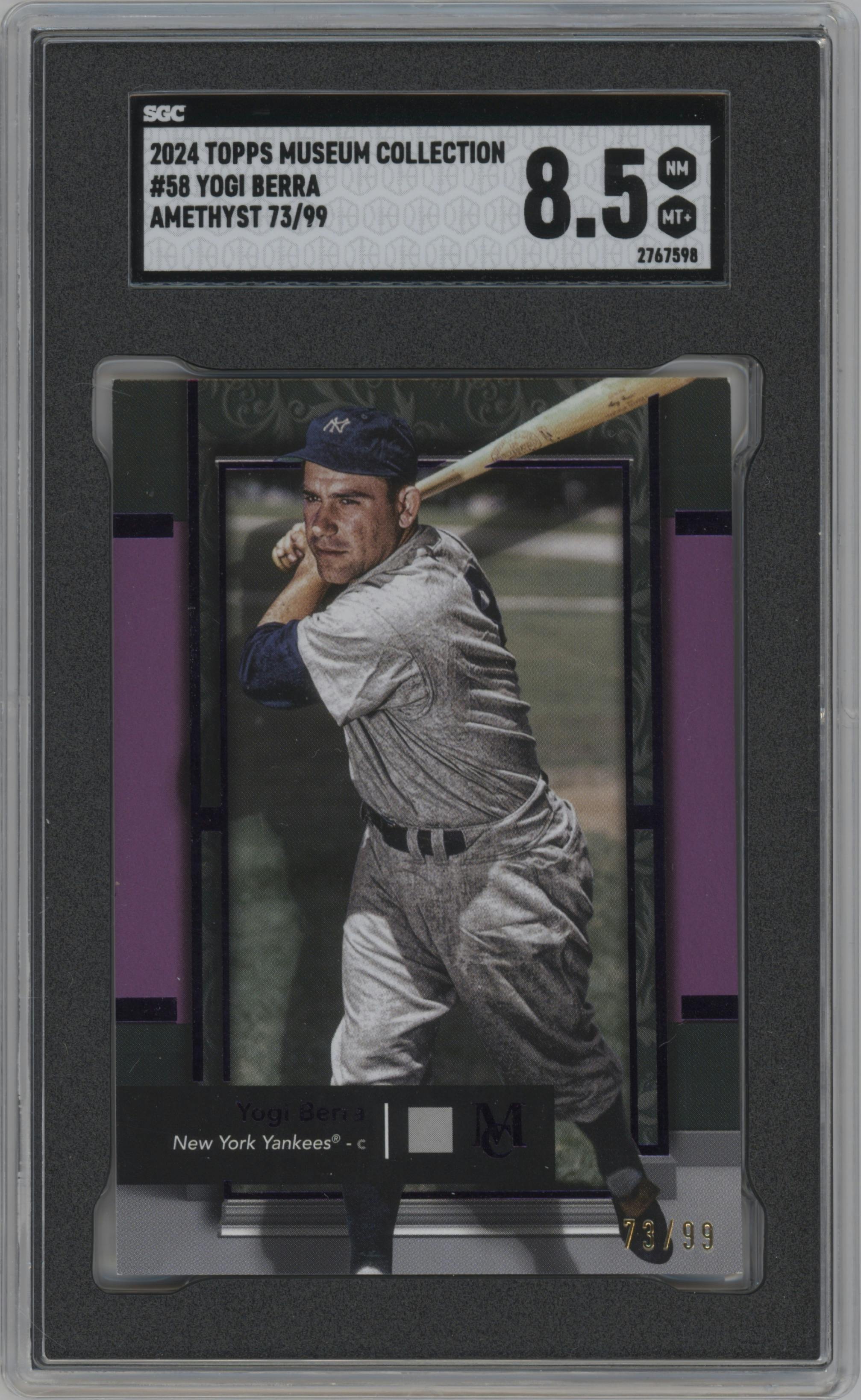 Yogi Berra  from the 2024 Topps Museum Collection set featuring a Amethyst parallel graded by SGC and given an overall grade of 8.5.