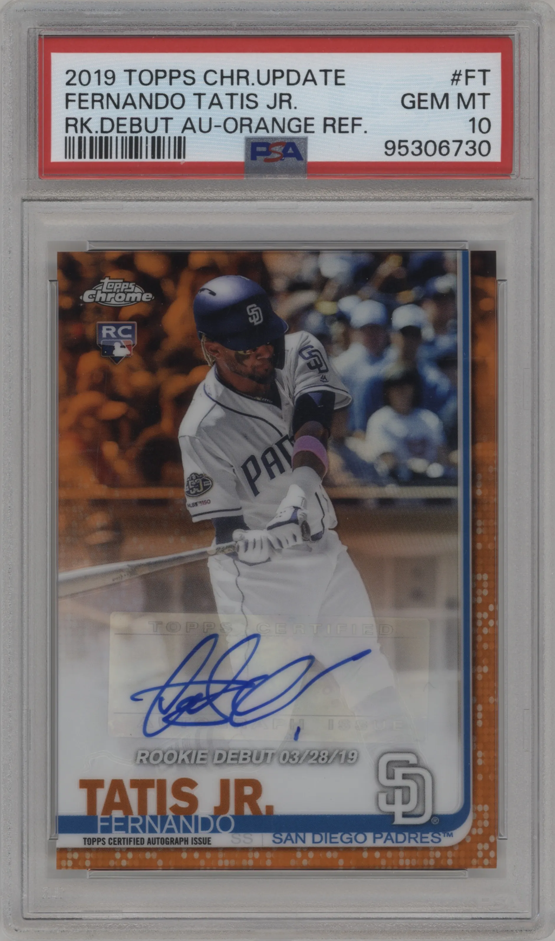 2019 Topps Chrome Update Auto Fernando Tatis Jr. Orange Refractor #RDA-FT PSA 10