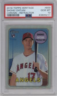 Shohei Ohtani from the 2018 Topps Heritage High Number set featuring a Refractor parallel graded by PSA and given an overall grade of 10.