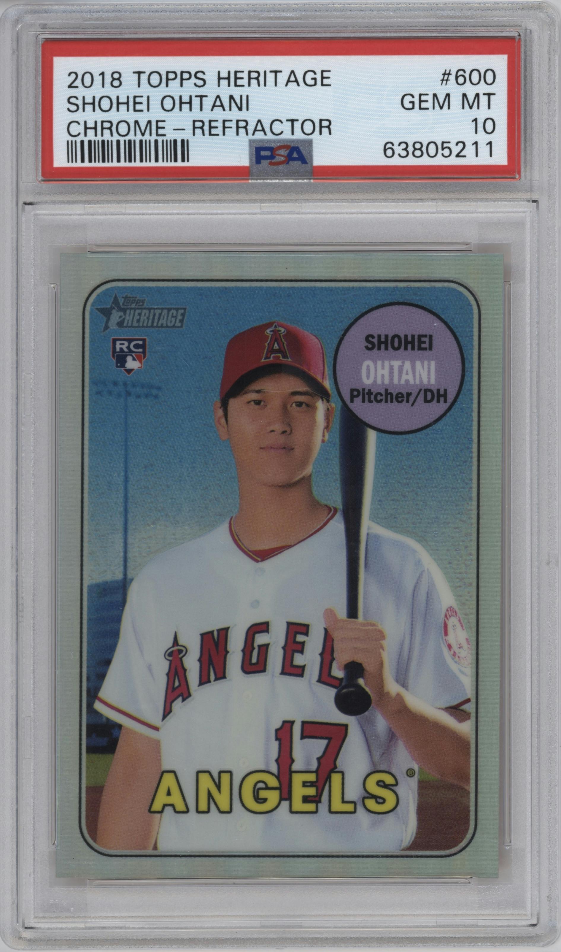 Shohei Ohtani from the 2018 Topps Heritage High Number set featuring a Refractor parallel graded by PSA and given an overall grade of 10.