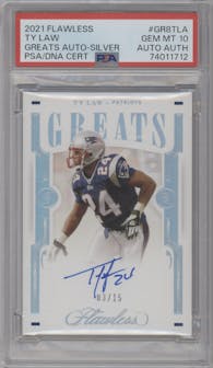 Ty Law from the 2021 Panini Flawless set featuring a Silver parallel graded by PSA and given an overall grade of 10.