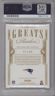 Ty Law from the 2021 Panini Flawless set featuring a Silver parallel graded by PSA and given an overall grade of 10.
