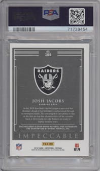 Josh Jacobs from the 2019 Panini Impeccable set featuring a Glove parallel graded by PSA and given an overall grade of 8.