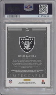 Josh Jacobs from the 2019 Panini Impeccable set featuring a Glove parallel graded by PSA and given an overall grade of 8.