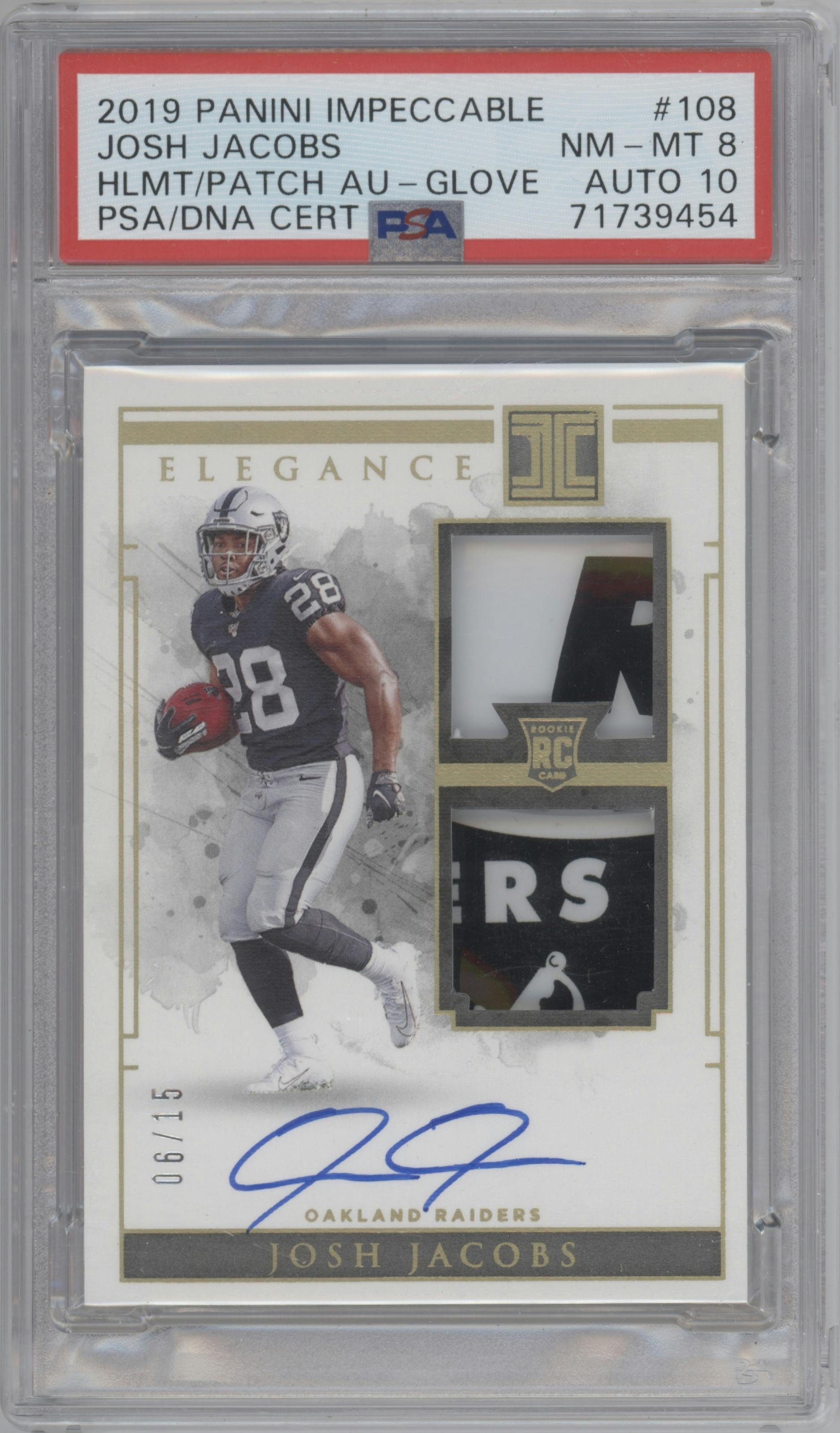 Josh Jacobs from the 2019 Panini Impeccable set featuring a Glove parallel graded by PSA and given an overall grade of 8.