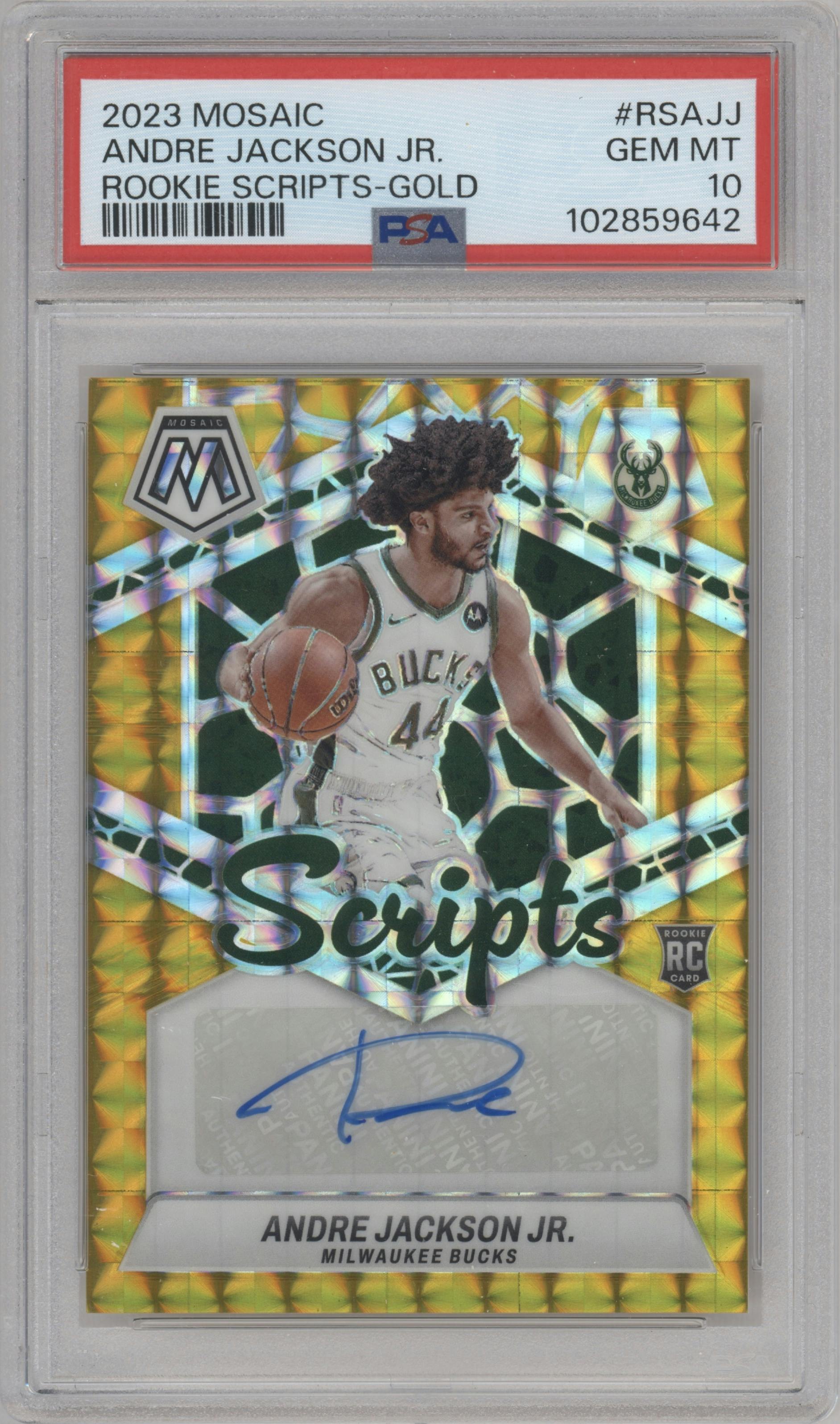 Andre Jackson Jr. from the 2023-24 Panini Mosaic set featuring a Gold parallel graded by PSA and given an overall grade of 10.