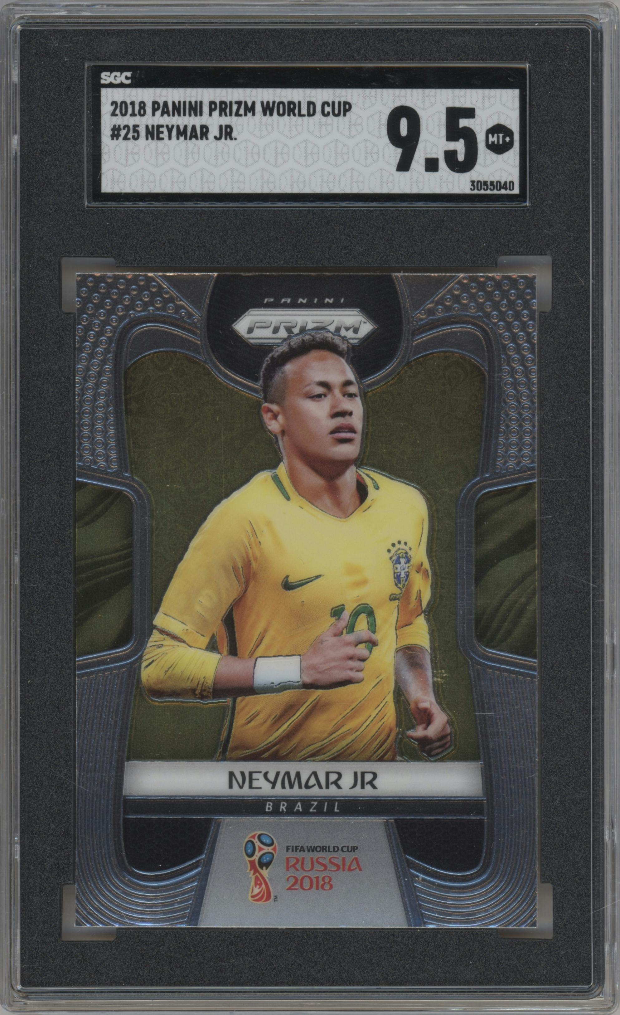 Neymar Jr. from the 2018 Panini Prizm World Cup set graded by SGC and given an overall grade of 9.5.