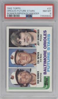 Bob Bonner/Cal Ripken/Jeff Schneider  from the 1982 Topps set graded by PSA and given an overall grade of 8.