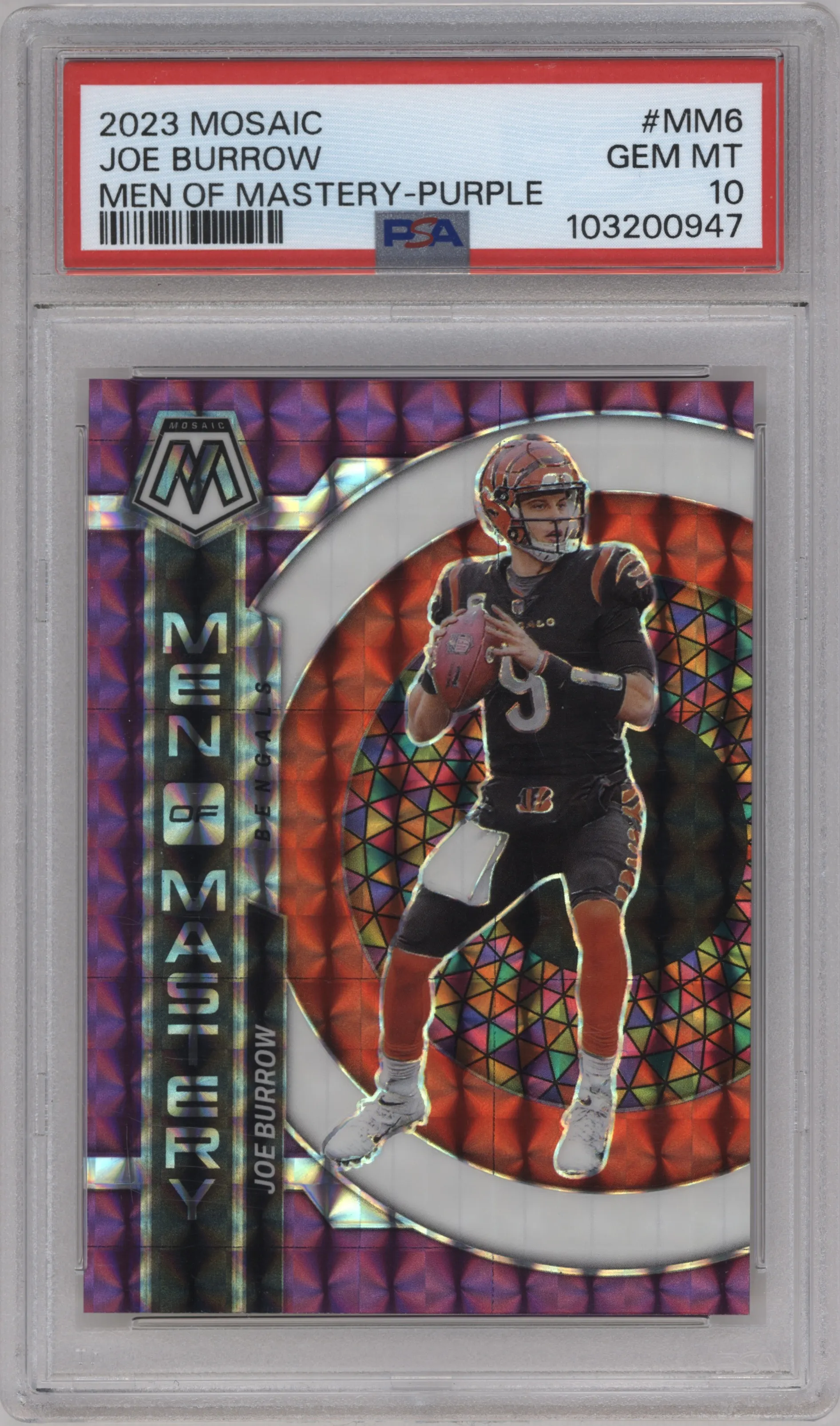 2023 Panini Mosaic Men of Mastery Joe Burrow Purple Mosaic #MM-6 PSA 10