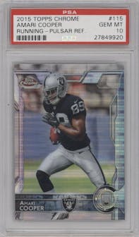 Amari Cooper from the 2015 Topps Chrome set featuring a Pulsar Refractor parallel graded by PSA and given an overall grade of 10.