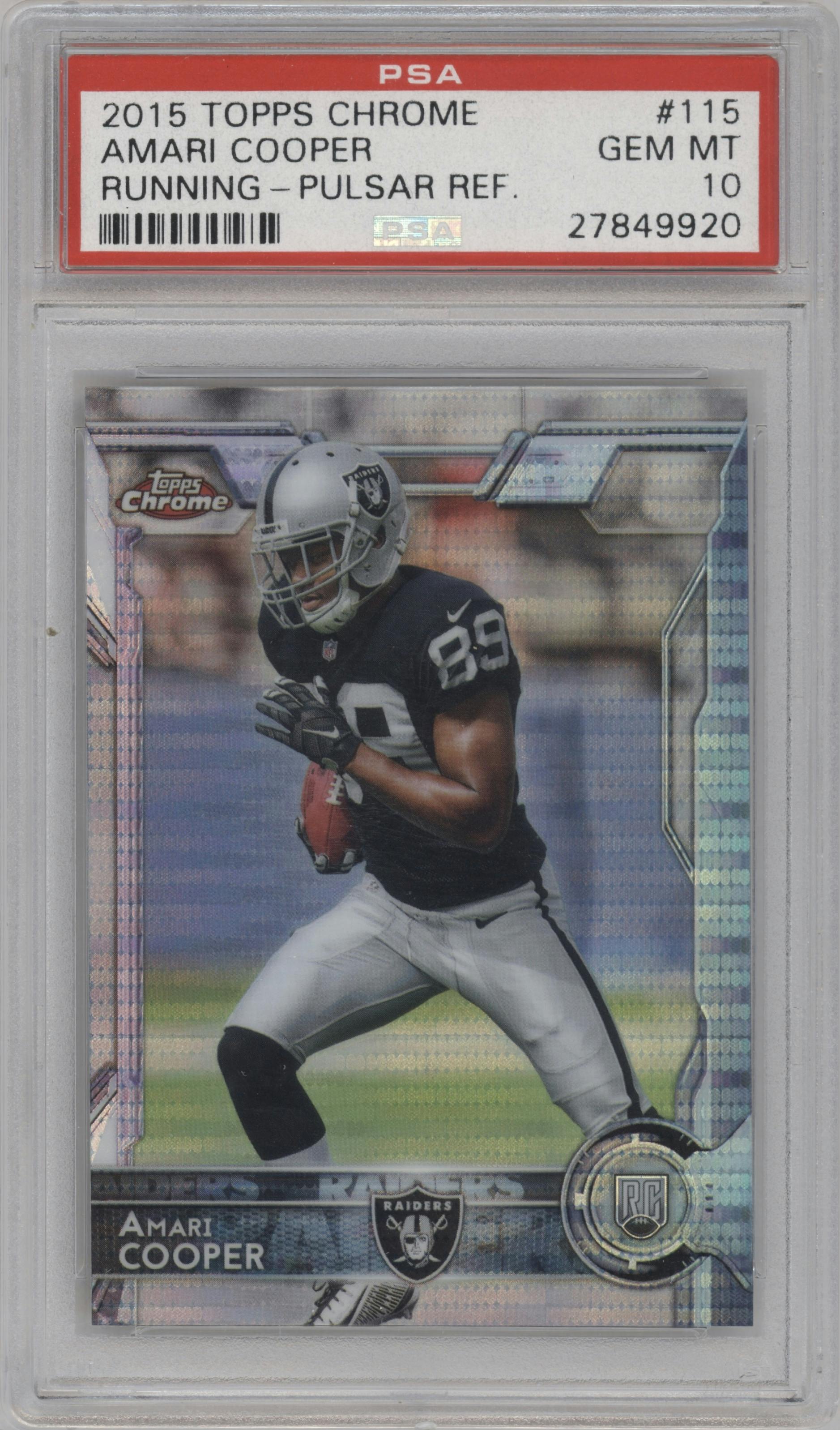 Amari Cooper from the 2015 Topps Chrome set featuring a Pulsar Refractor parallel graded by PSA and given an overall grade of 10.
