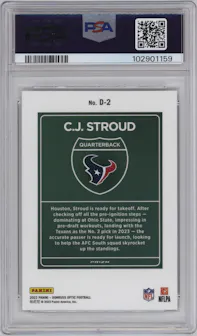 C.J. Stroud  from the 2023 Donruss Optic set graded by PSA and given an overall grade of 10.