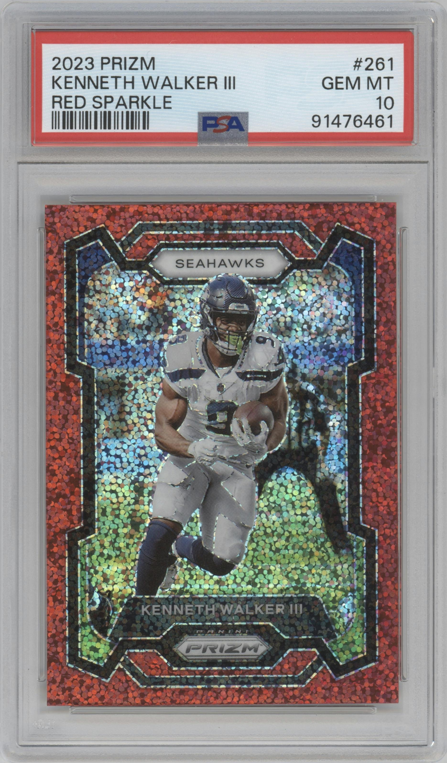 Kenneth Walker III  from the 2023 Panini Prizm set featuring a Red Sparkle parallel graded by PSA and given an overall grade of 10.