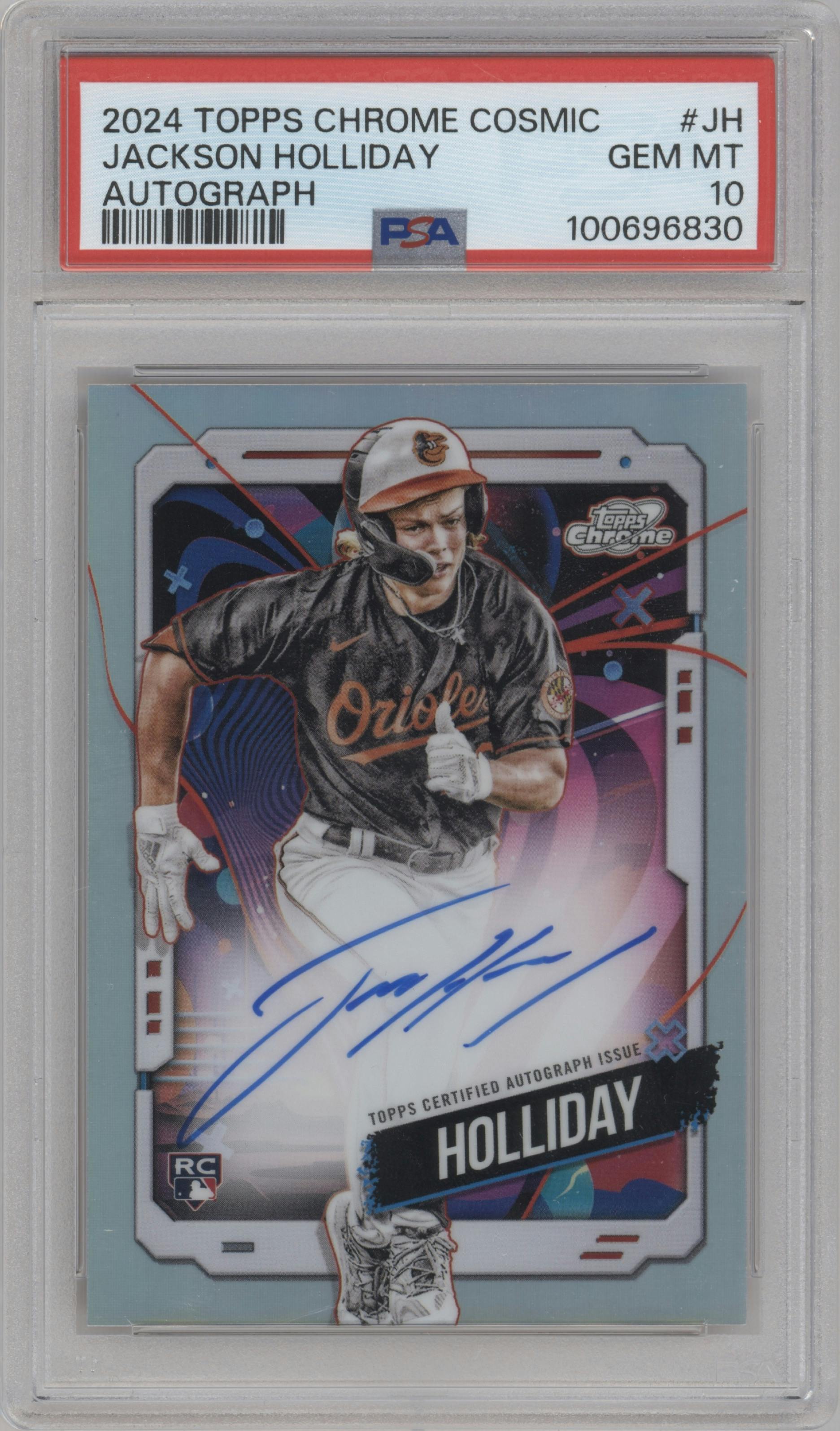 Jackson Holliday from the 2024 Topps Cosmic Chrome set graded by PSA and given an overall grade of 10.