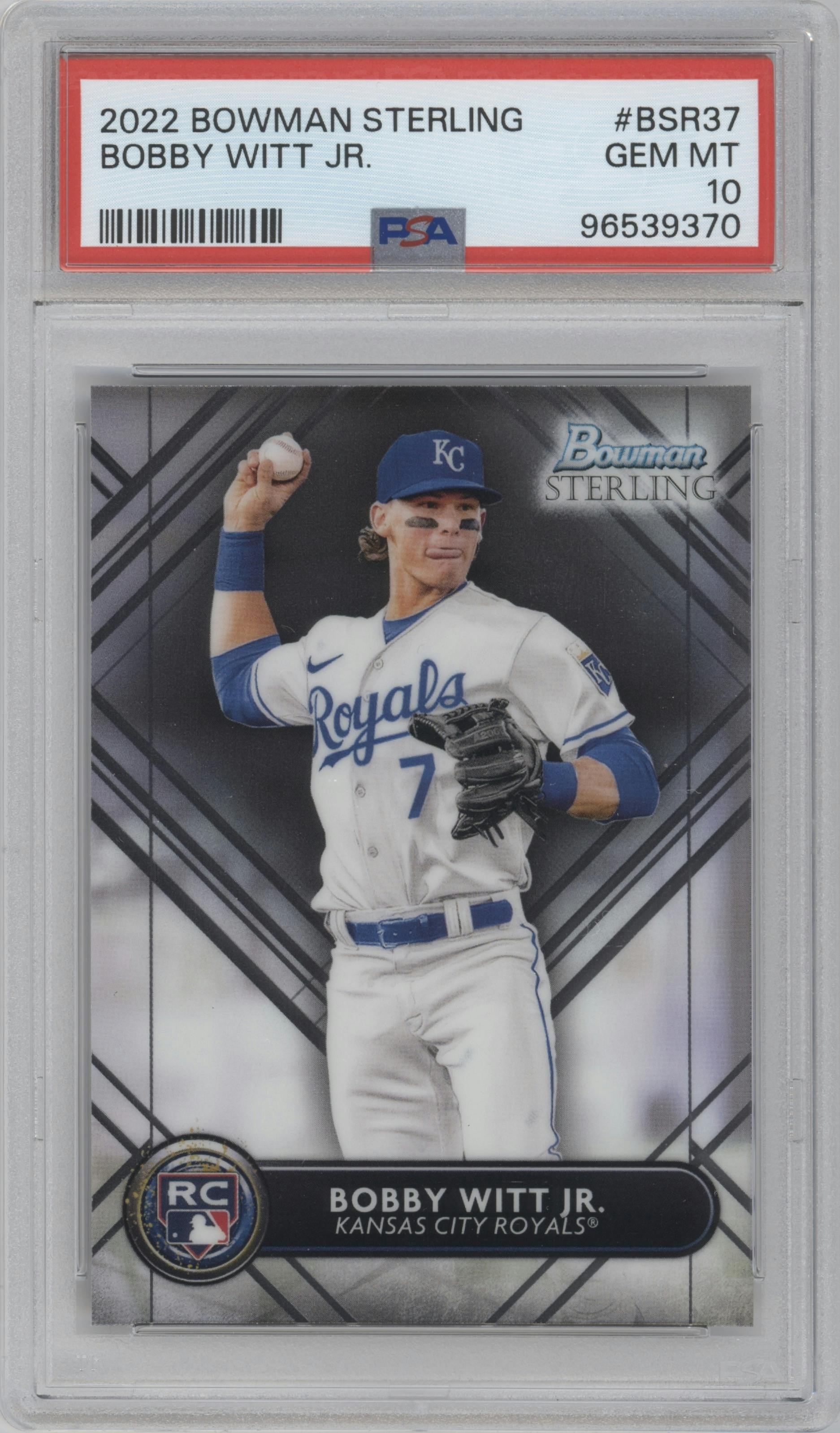 Bobby Witt Jr.  from the 2022 Bowman Sterling set graded by PSA and given an overall grade of 10.