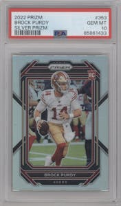 Brock Purdy from the 2022 Panini Prizm set featuring a Silver Prizm parallel graded by PSA and given an overall grade of 10.