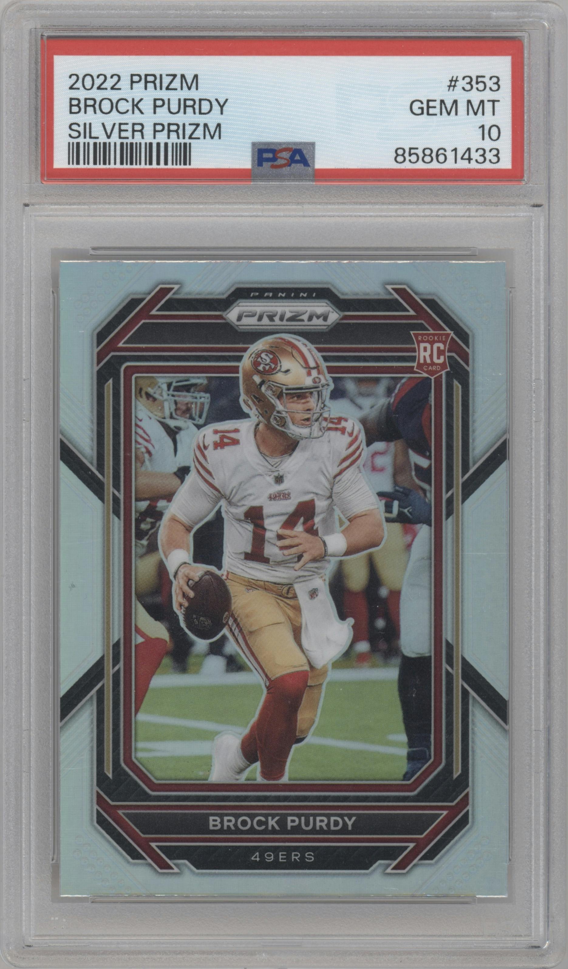 Brock Purdy from the 2022 Panini Prizm set featuring a Silver Prizm parallel graded by PSA and given an overall grade of 10.