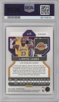 LeBron James from the 2021-22 Panini Prizm  set featuring a Red/White/Blue Prizm parallel graded by PSA and given an overall grade of 9.