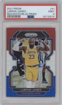 LeBron James from the 2021-22 Panini Prizm  set featuring a Red/White/Blue Prizm parallel graded by PSA and given an overall grade of 9.