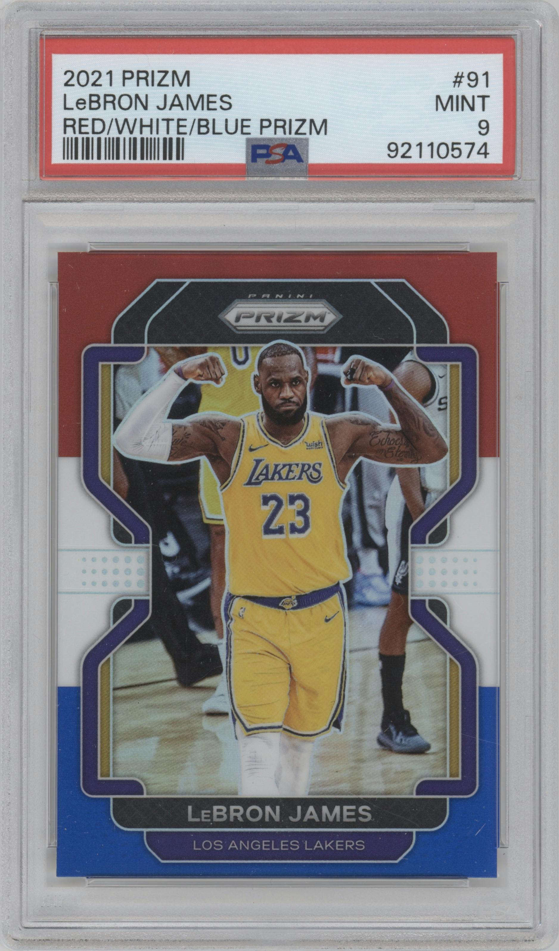 LeBron James from the 2021-22 Panini Prizm  set featuring a Red/White/Blue Prizm parallel graded by PSA and given an overall grade of 9.