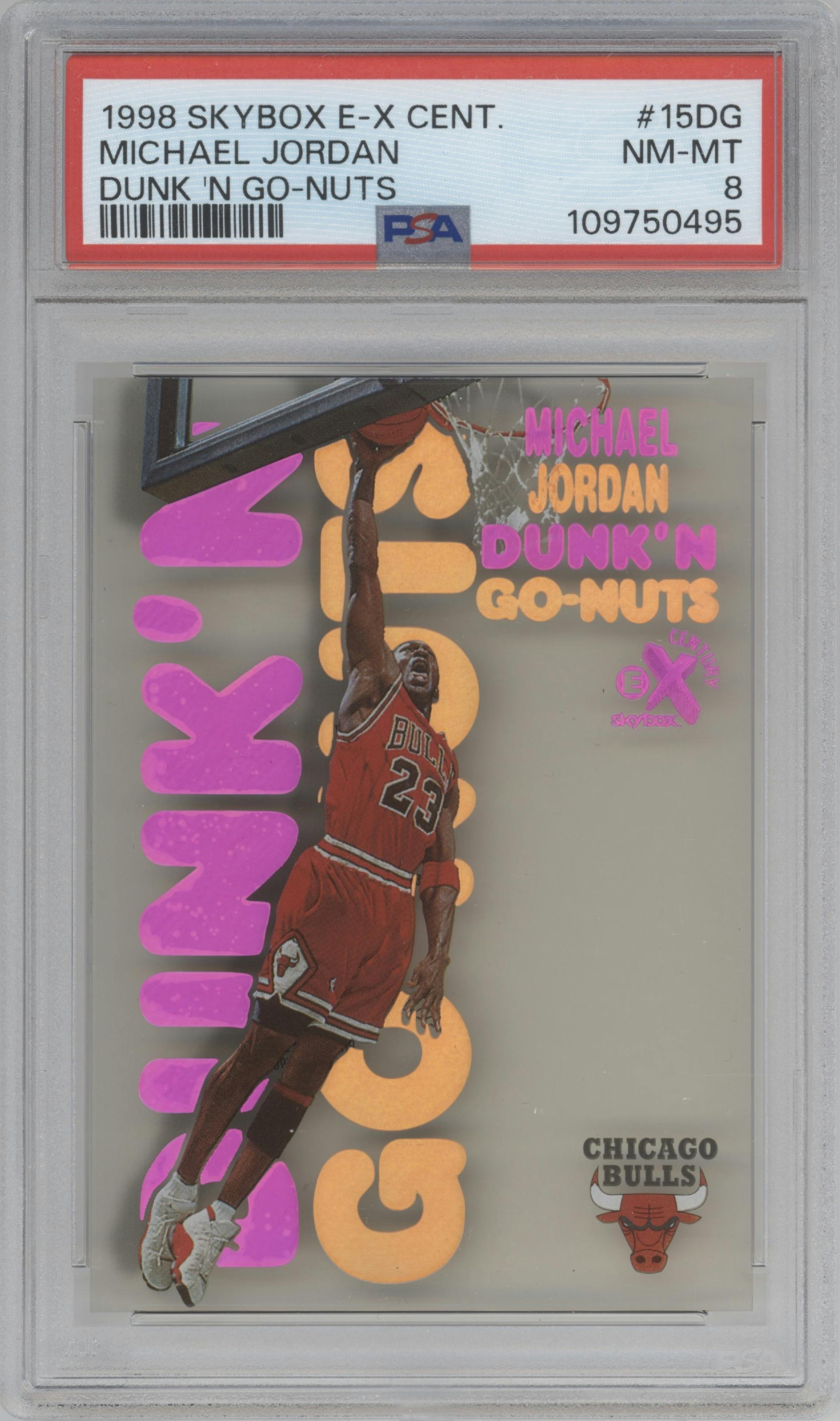 Michael Jordan from the 1998-99 Skybox E-X Century set graded by PSA and given an overall grade of 8.