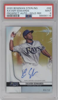 Xavier Edwards from the 2020 Bowman Sterling set featuring a Gold Refractor  parallel graded by PSA and given an overall grade of 9.