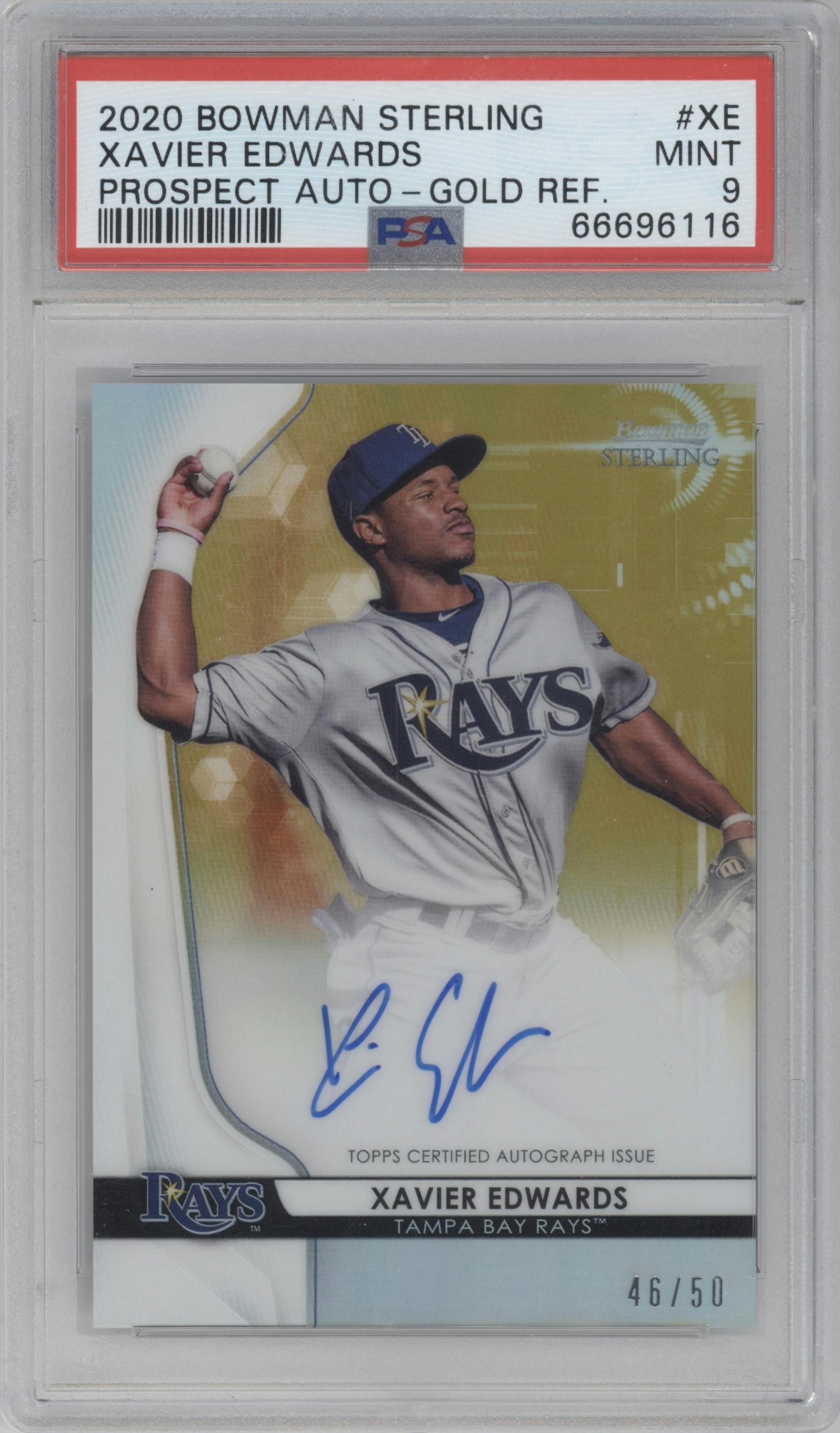 Xavier Edwards from the 2020 Bowman Sterling set featuring a Gold Refractor  parallel graded by PSA and given an overall grade of 9.
