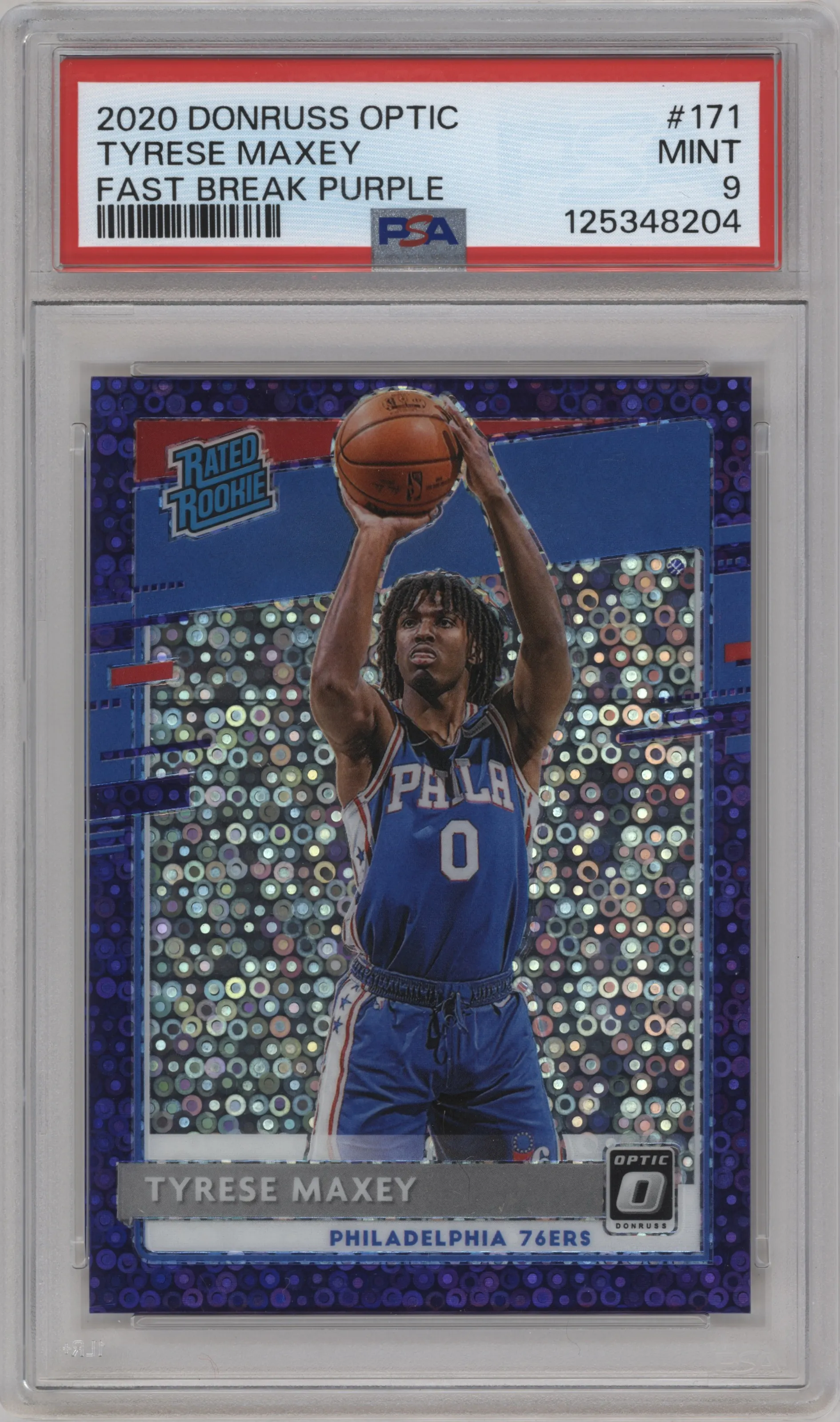 2020 Panini Donruss Optic Rated Rookie Tyrese Maxey Fast Break Purple #171 PSA 9