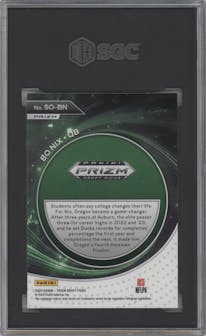 Bo Nix from the 2024 Panini Prizm Draft Picks set featuring a Red Ice parallel graded by SGC and given an overall grade of 9.5.
