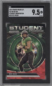 Bo Nix from the 2024 Panini Prizm Draft Picks set featuring a Red Ice parallel graded by SGC and given an overall grade of 9.5.