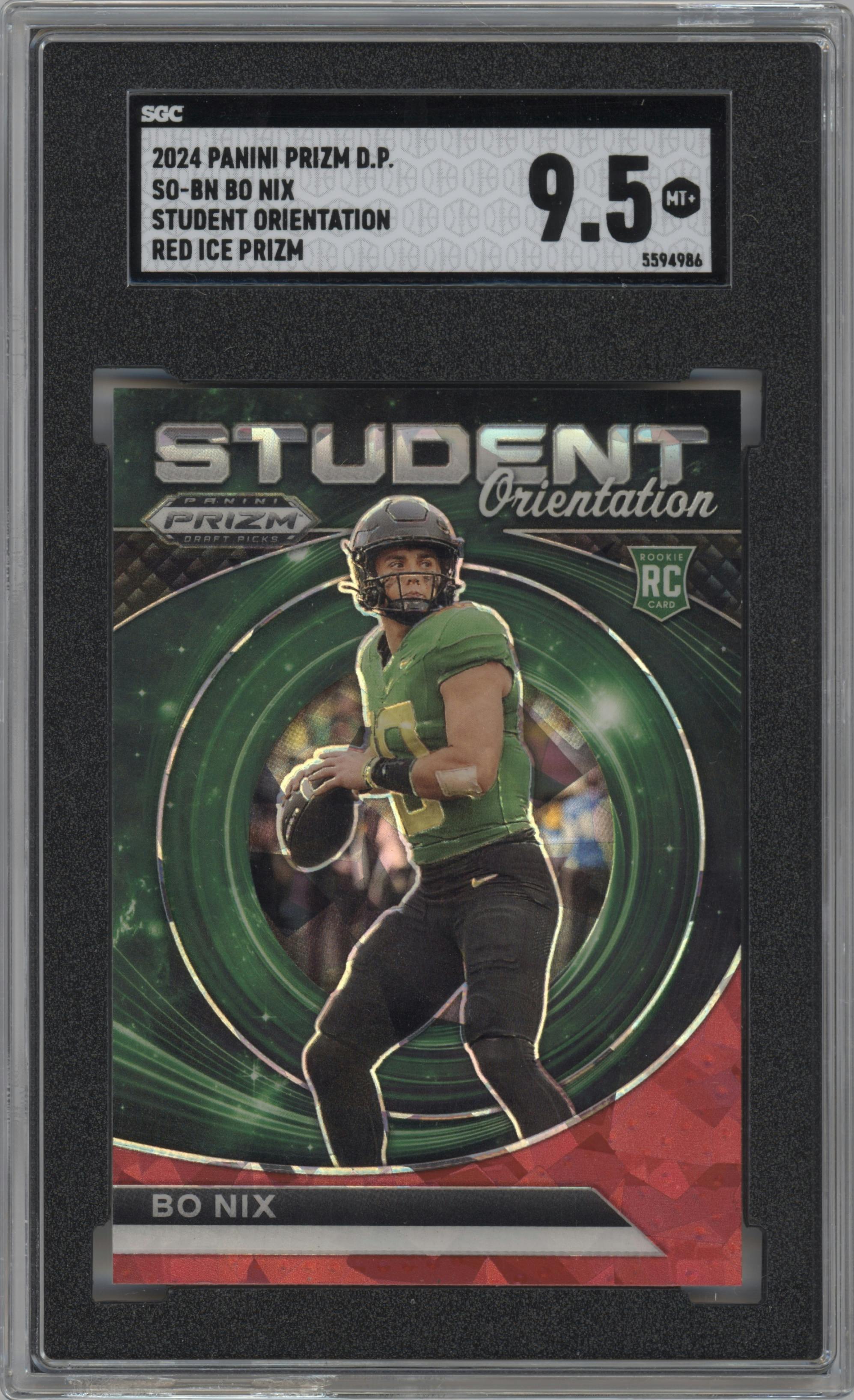Bo Nix from the 2024 Panini Prizm Draft Picks set featuring a Red Ice parallel graded by SGC and given an overall grade of 9.5.