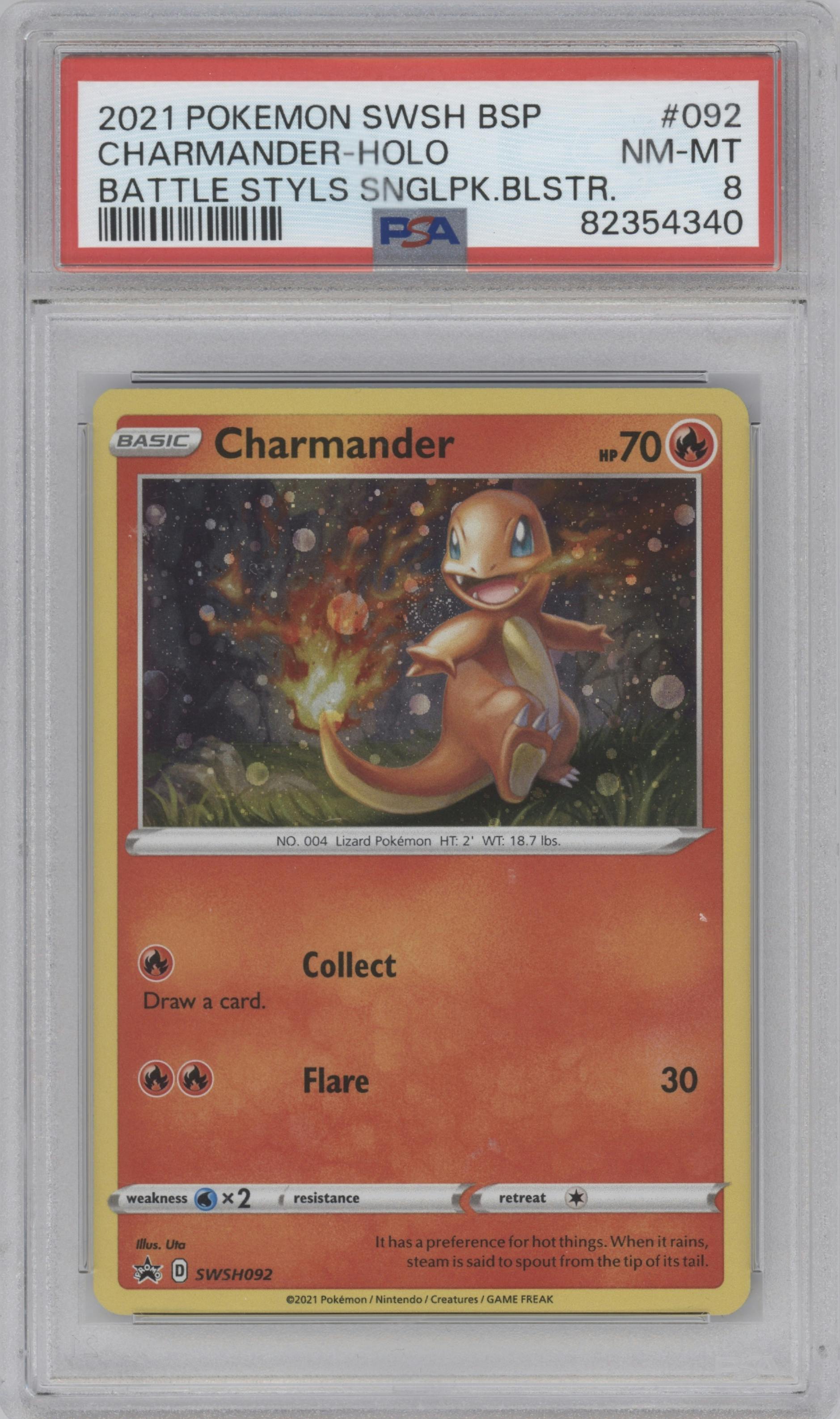 Charmander from the 2021 Pokemon SWSH set featuring a Battle Styles Single Pack Blisters parallel graded by PSA and given an overall grade of 8.