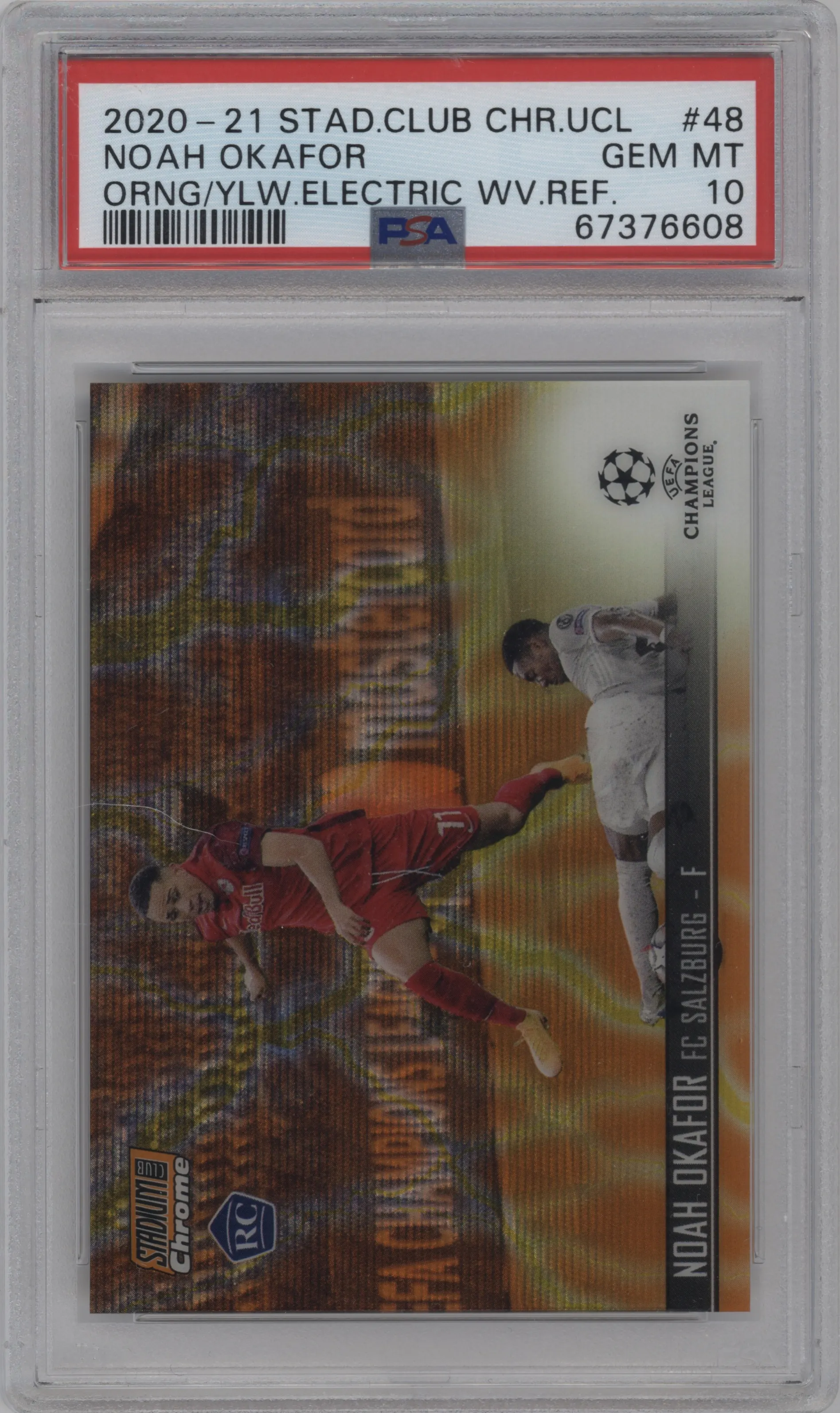 2020 Topps Stadium Club Chrome UEFA CL Noah Okafor Orange/Yellow Electric Wave Refractor PSA 10